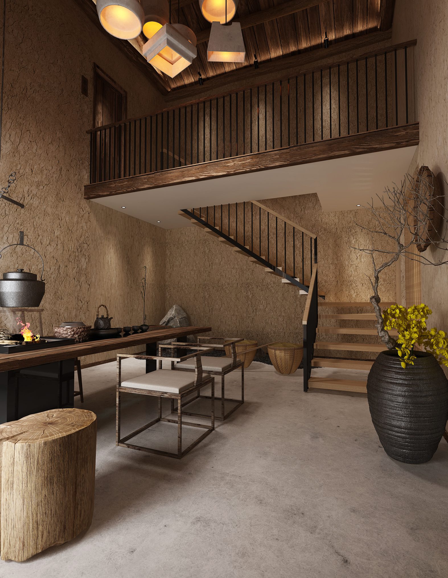 Double-height clay-plaster living hall with mezzanine loft, open timber staircase and tea table — wabi-sabi homestay by W Vision Lab