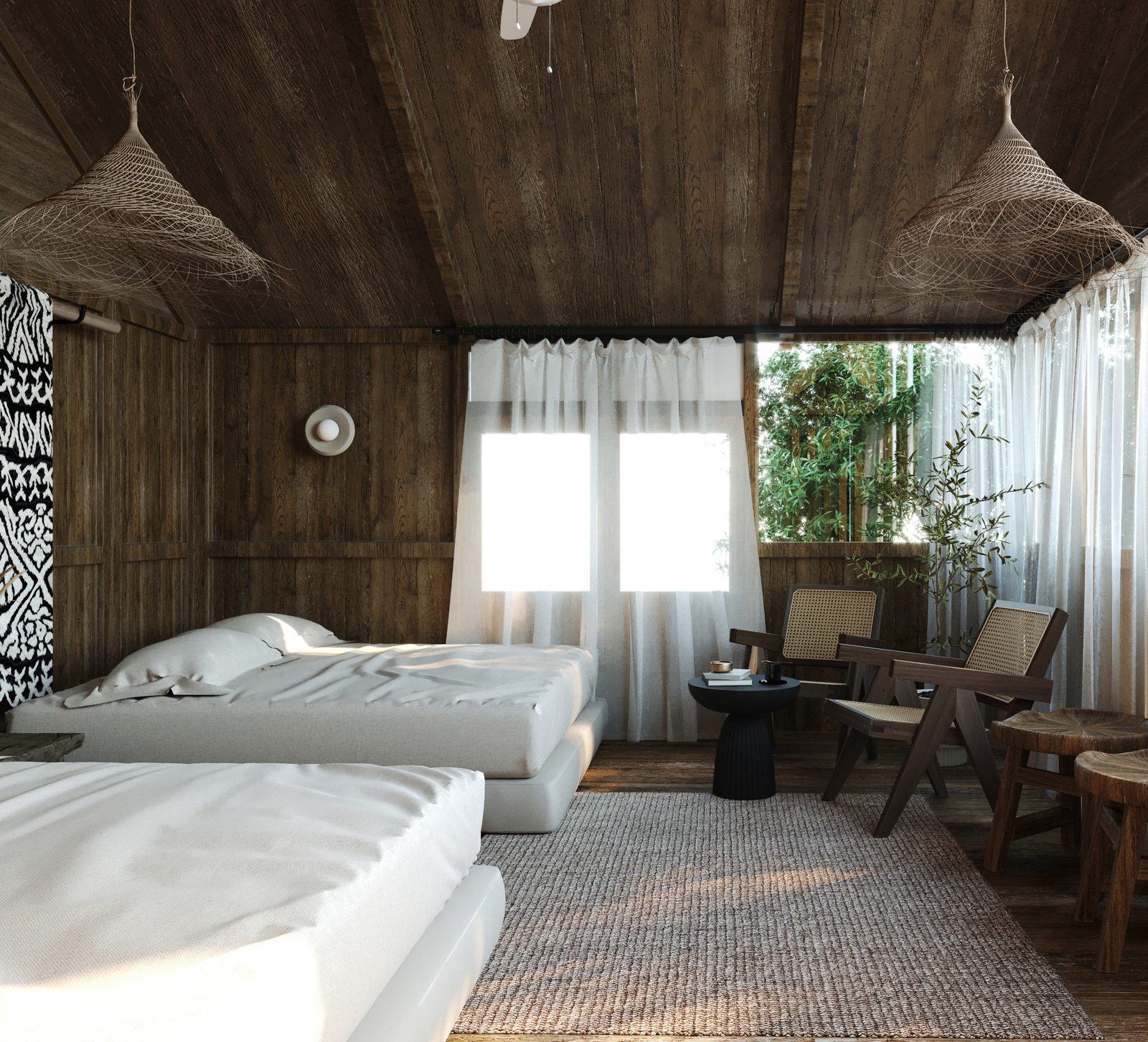 Twin platform-bed homestay bedroom with reclaimed timber walls, woven nest pendants and garden view — wabi-sabi retreat by W Vision Lab
