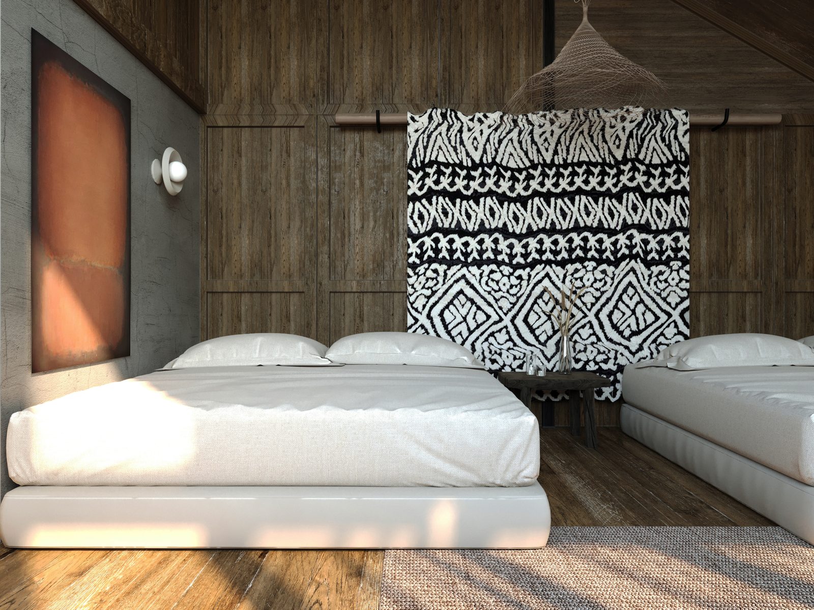 Wabi-sabi guest bedroom with low platform beds, black-and-white Berber wall hanging and warm timber panelling by W Vision Lab