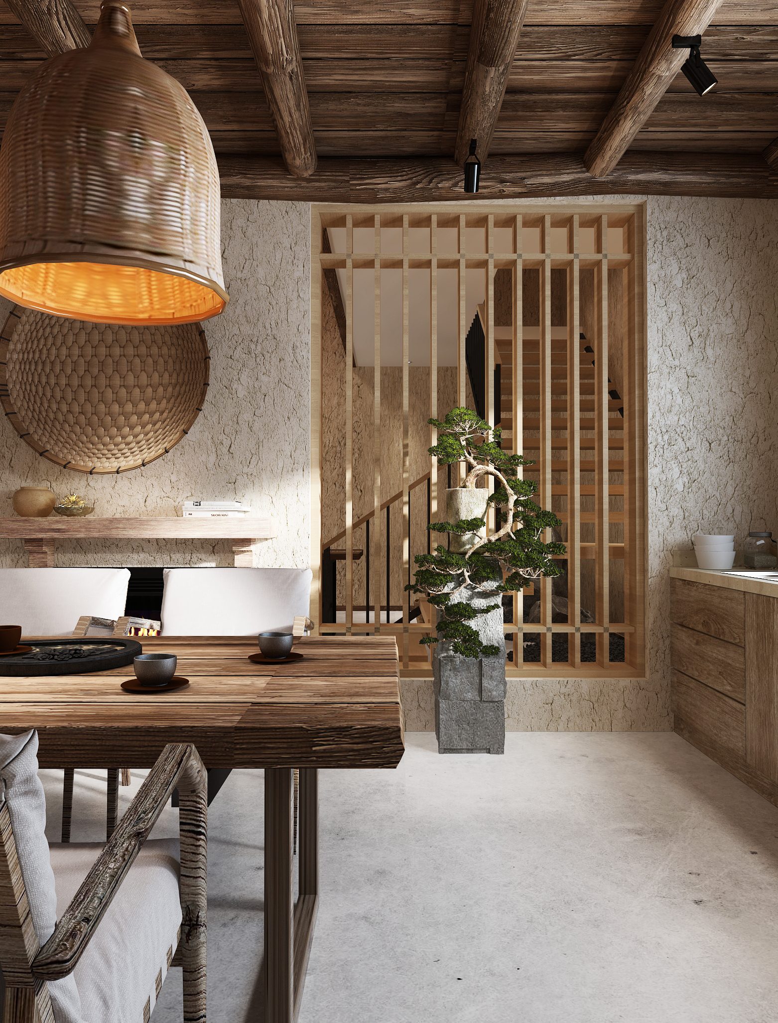 Timber tea table beside a slatted screen, bonsai and open staircase — earthen wabi-sabi homestay interior by W Vision Lab