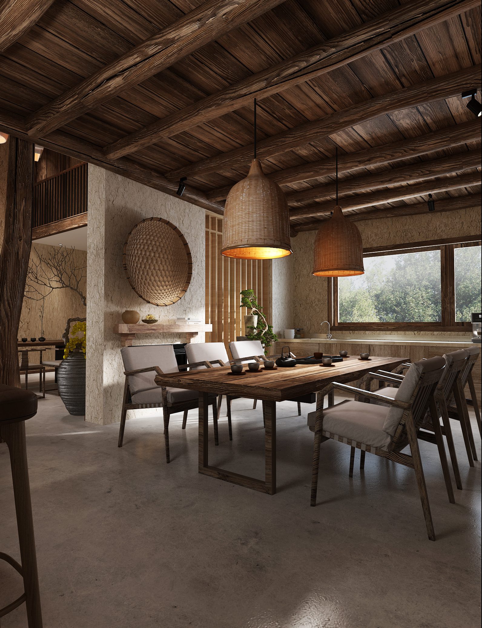 Wabi-sabi homestay dining and tea space — reclaimed timber beamed ceiling, raw clay plaster walls and woven rattan pendants by W Vision Lab