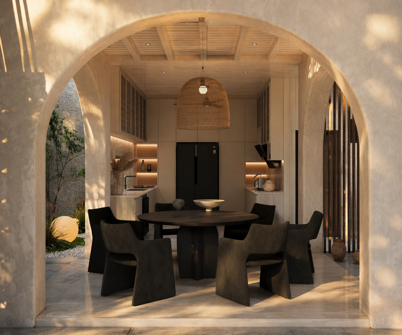 Arched dining room with round timber table, sculptural black chairs and woven rattan pendant — wabi-sabi residential interior by W Vision Lab