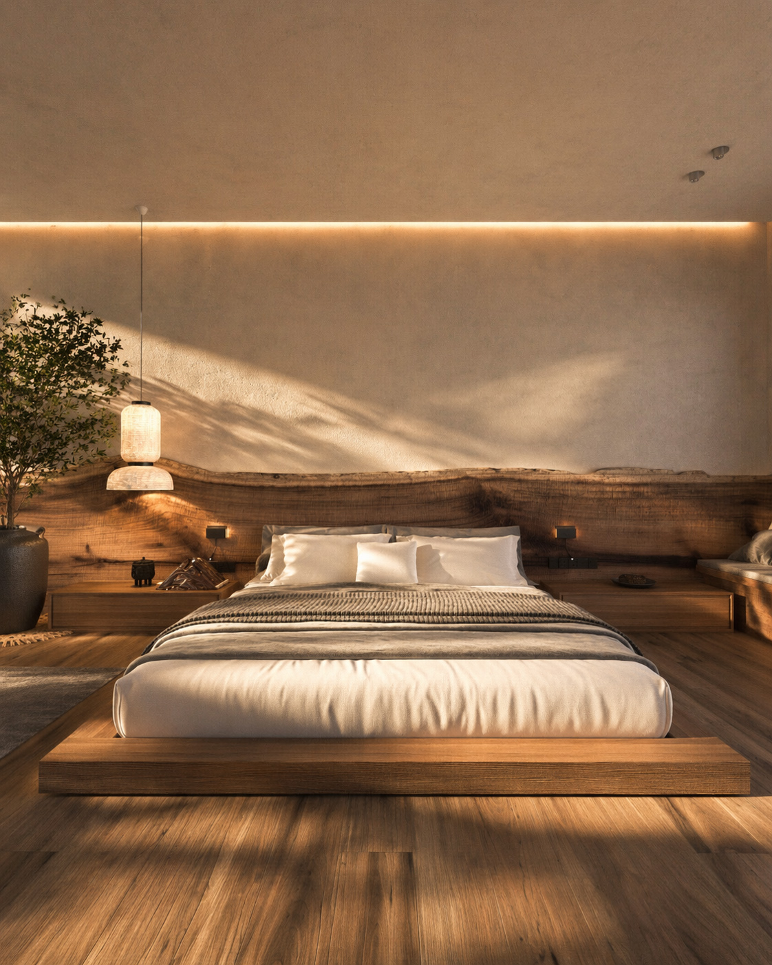 Wabi-sabi master bedroom — live-edge timber headboard, low platform bed and warm cove lighting by W Vision Lab