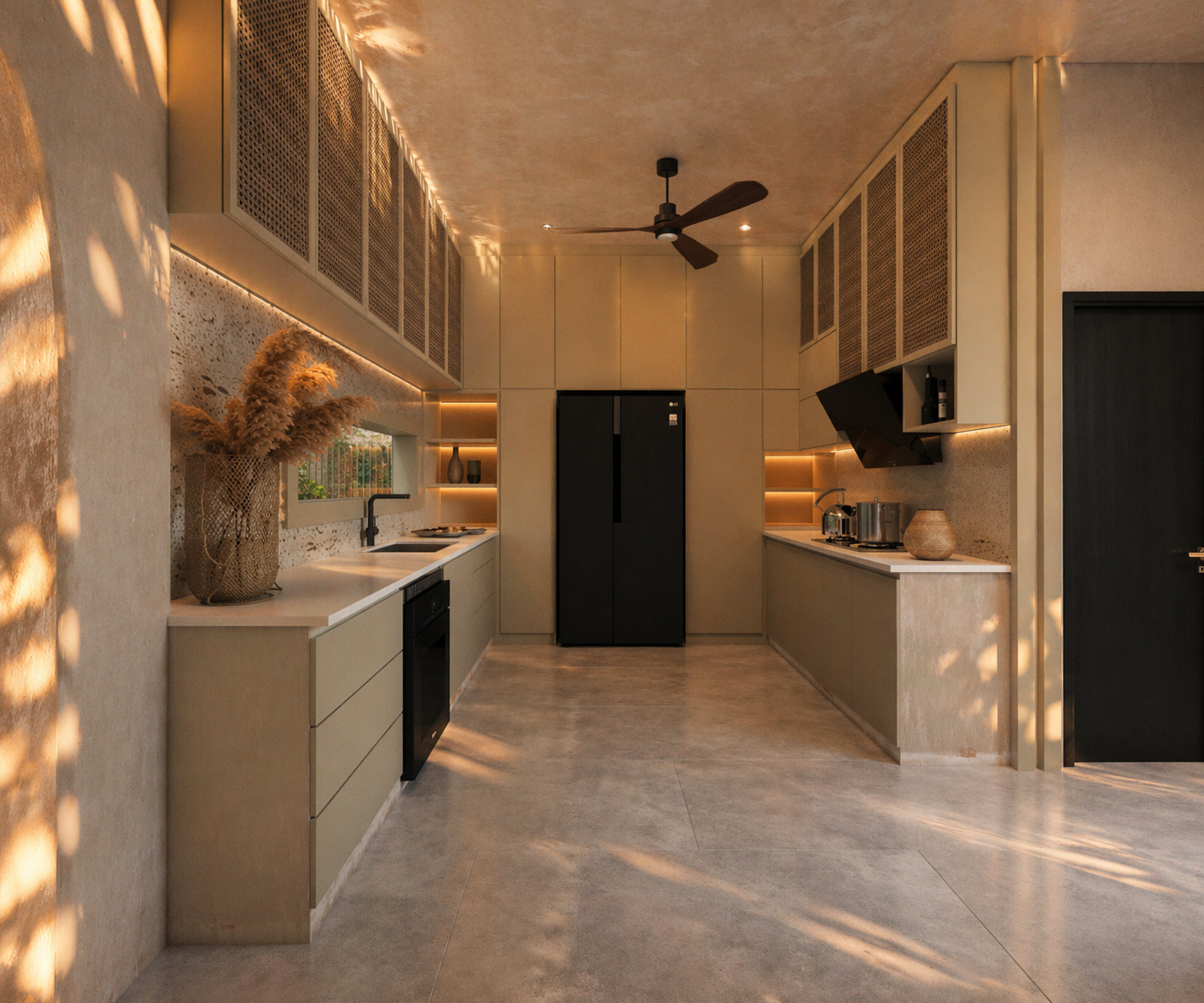 Galley kitchen in travertine and microcement with rattan-fronted cabinets — warm minimalist wabi-sabi home by W Vision Lab