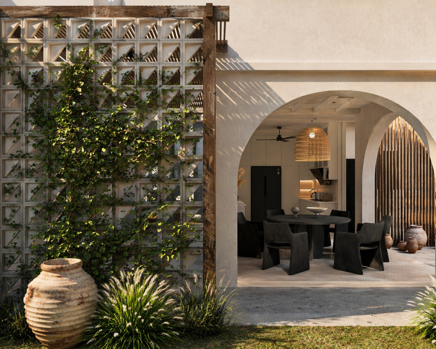 Wabi-sabi courtyard house — arched plaster opening, breeze-block screen and climbing vine framing a warm minimalist dining kitchen by W Vision Lab