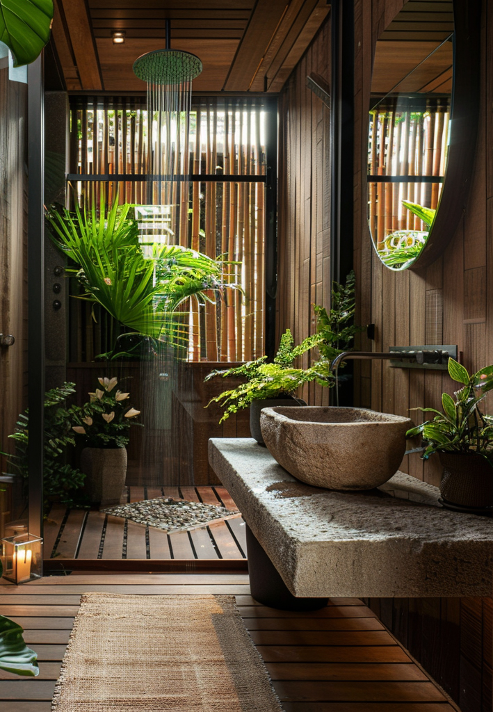 Open-air stone basin and rainfall shower surrounded by ferns and palms — biophilic tropical resort bathroom by W Vision Lab