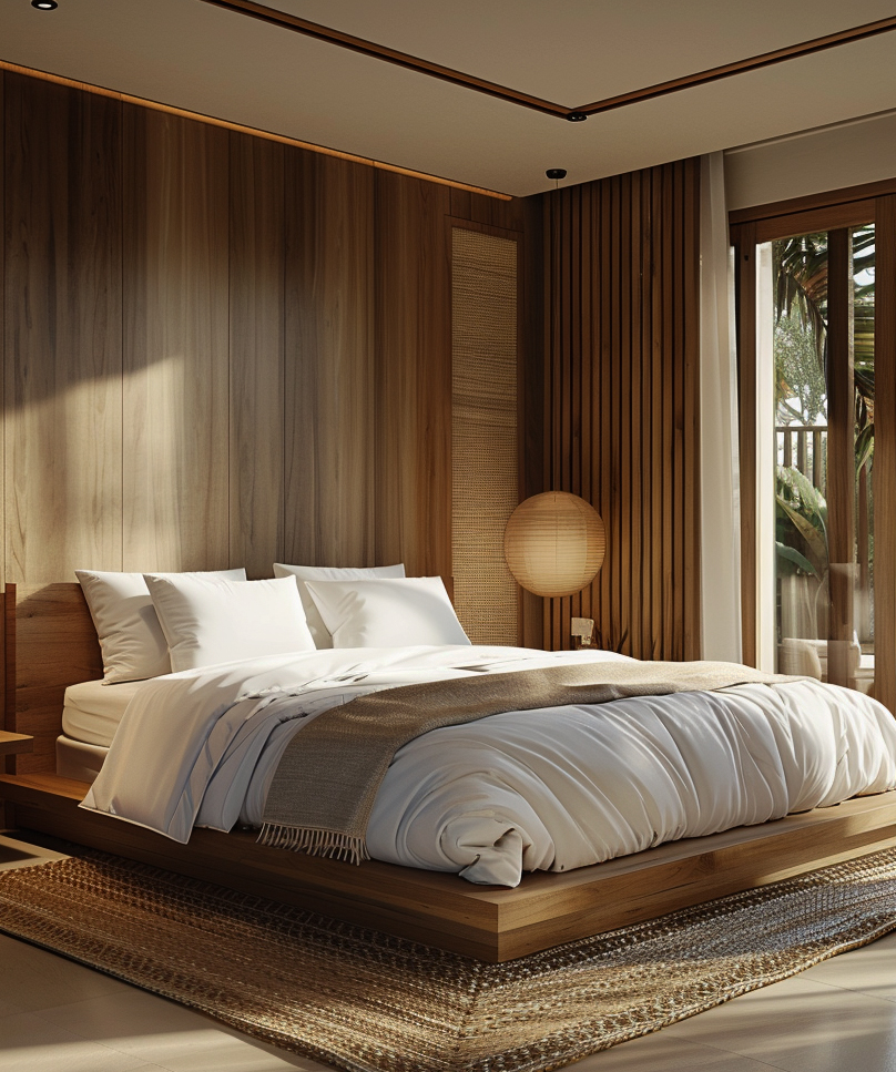 Warm tropical bedroom with timber-panel walls, rattan paper lantern and linen platform bed opening to a balcony — wabi-sabi resort villa by W Vision Lab