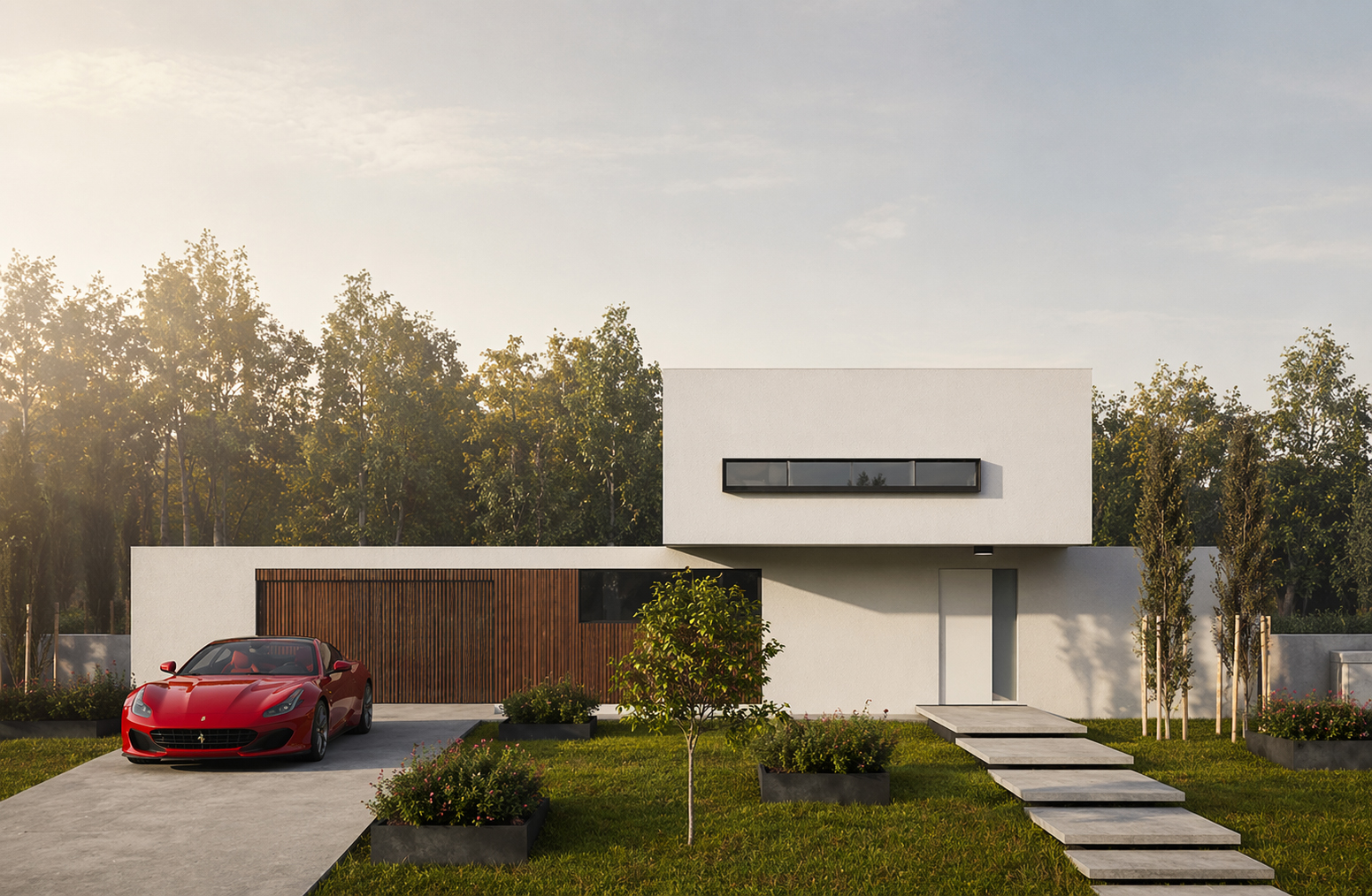Contemporary minimalist home front — timber lath screen by W Vision Lab
