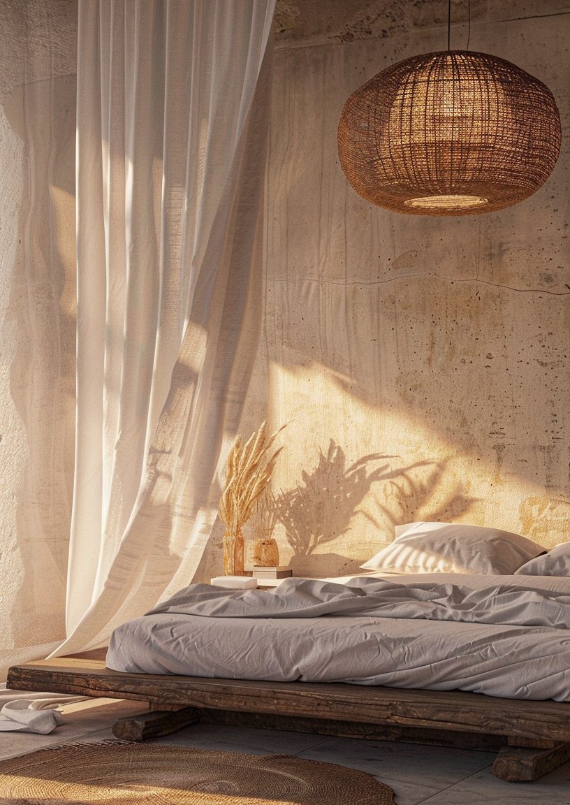 Golden-hour wabi-sabi suite with reclaimed timber platform bed, sheer linen drape and woven rattan pendant against raw plaster — boutique hotel by W Vision Lab