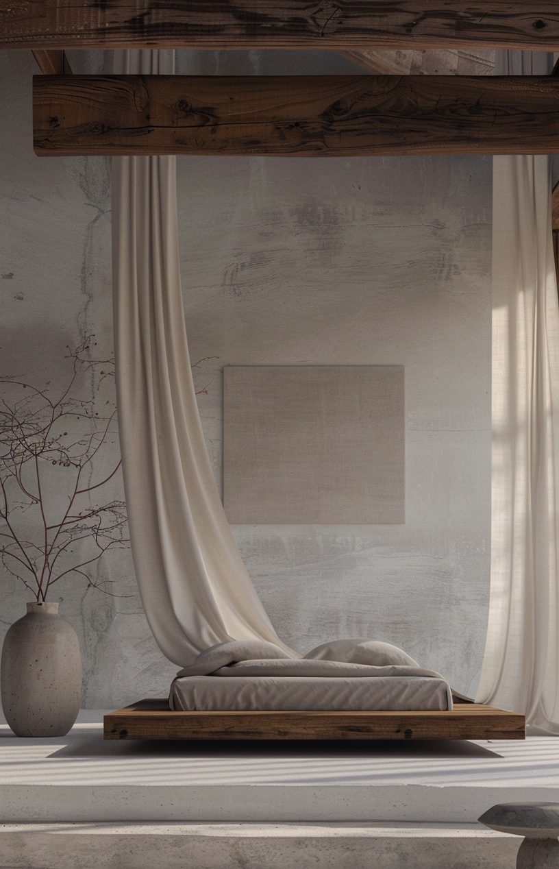 Minimalist wabi-sabi bedroom with low timber platform bed, linen canopy and stone vessel under exposed beams — wellness retreat by W Vision Lab