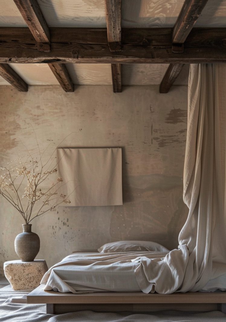 Serene wabi-sabi guest room with reclaimed-wood platform bed, linen drape and dried botanicals against textured plaster — boutique retreat by W Vision Lab