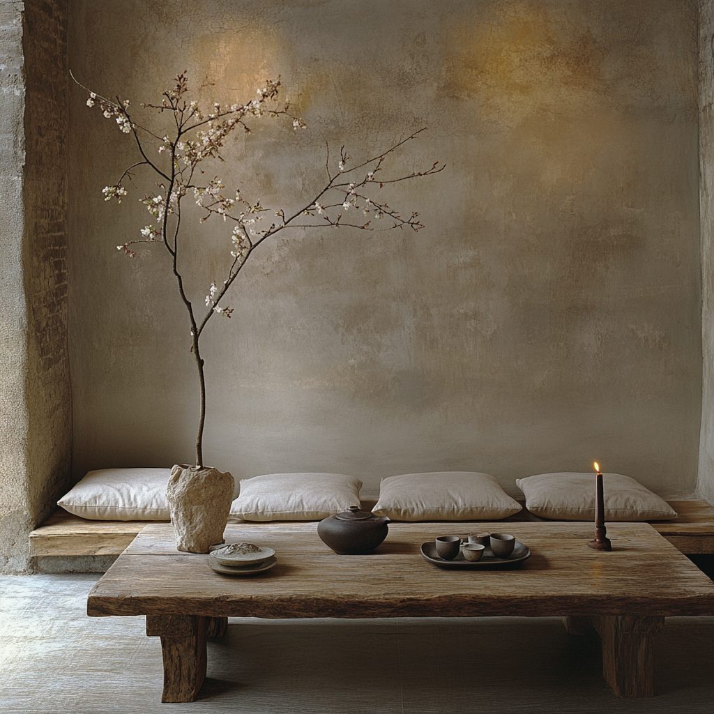 Wabi-sabi tea nook — low raw-edge timber table, linen floor cushions, cherry-blossom branch and stoneware tea set against lime plaster by W Vision Lab