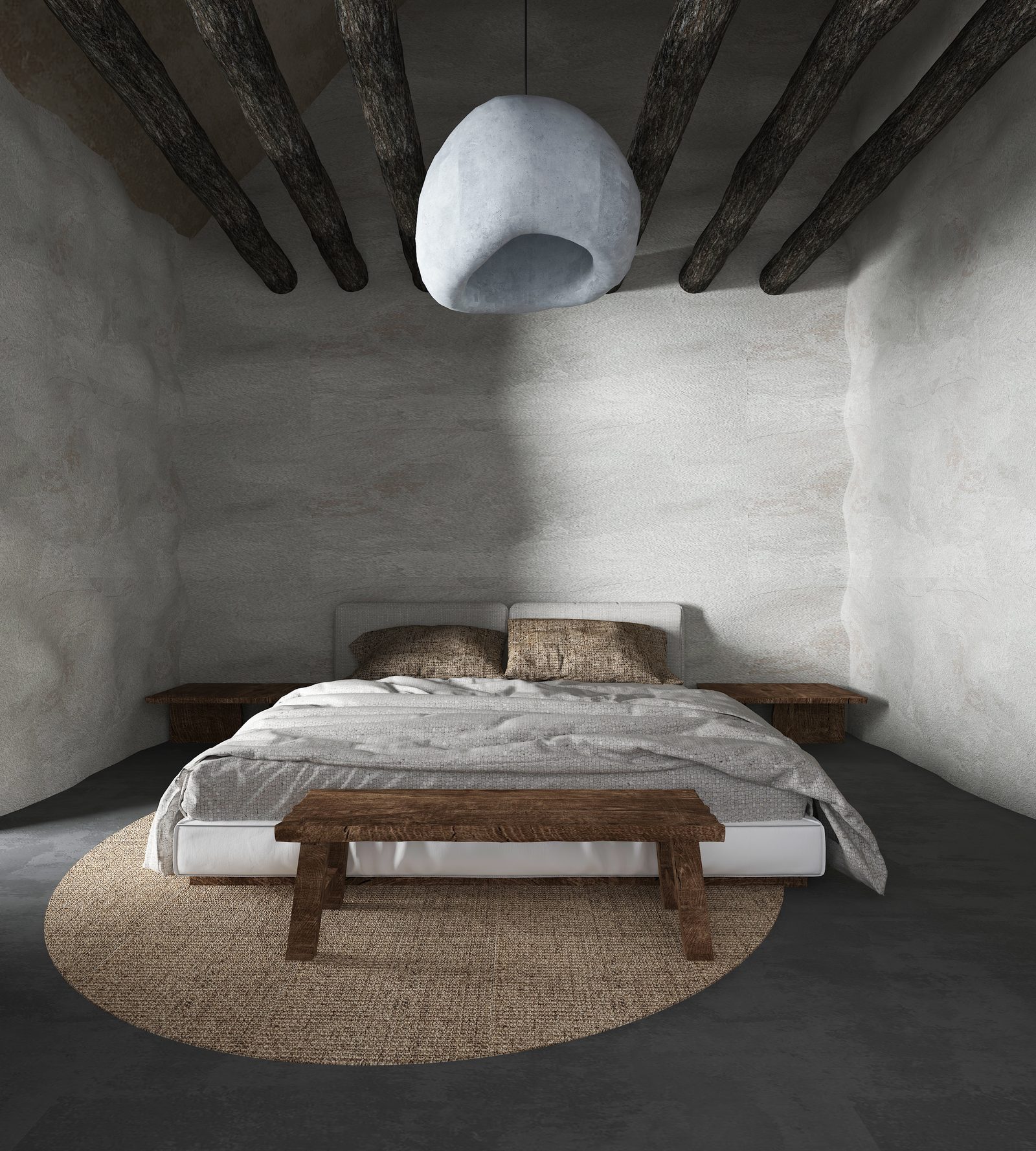 Wabi-sabi boutique hotel suite — hand-plastered lime walls, rough-hewn timber beams, low platform bed and sculptural stone pendant by W Vision Lab