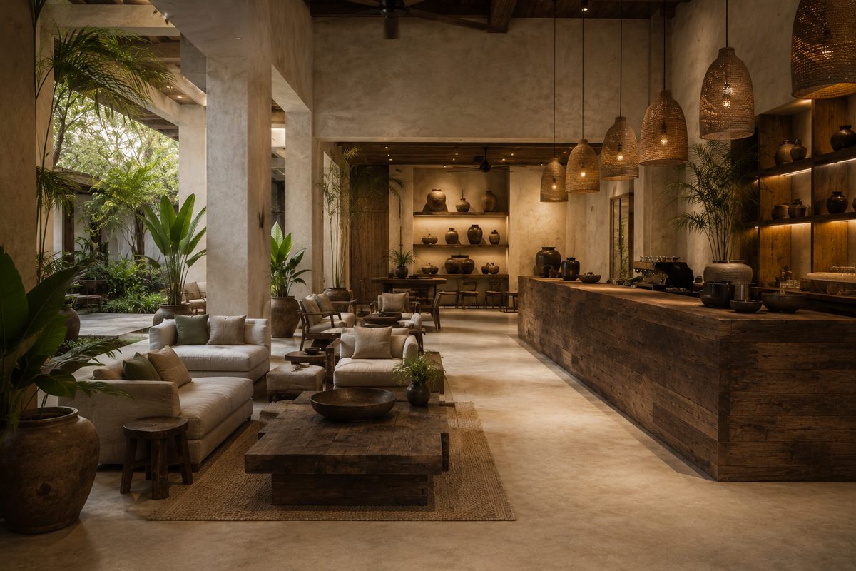 Commercial hospitality interior — boutique hotel lobby and cafe lounge with reclaimed-timber counter