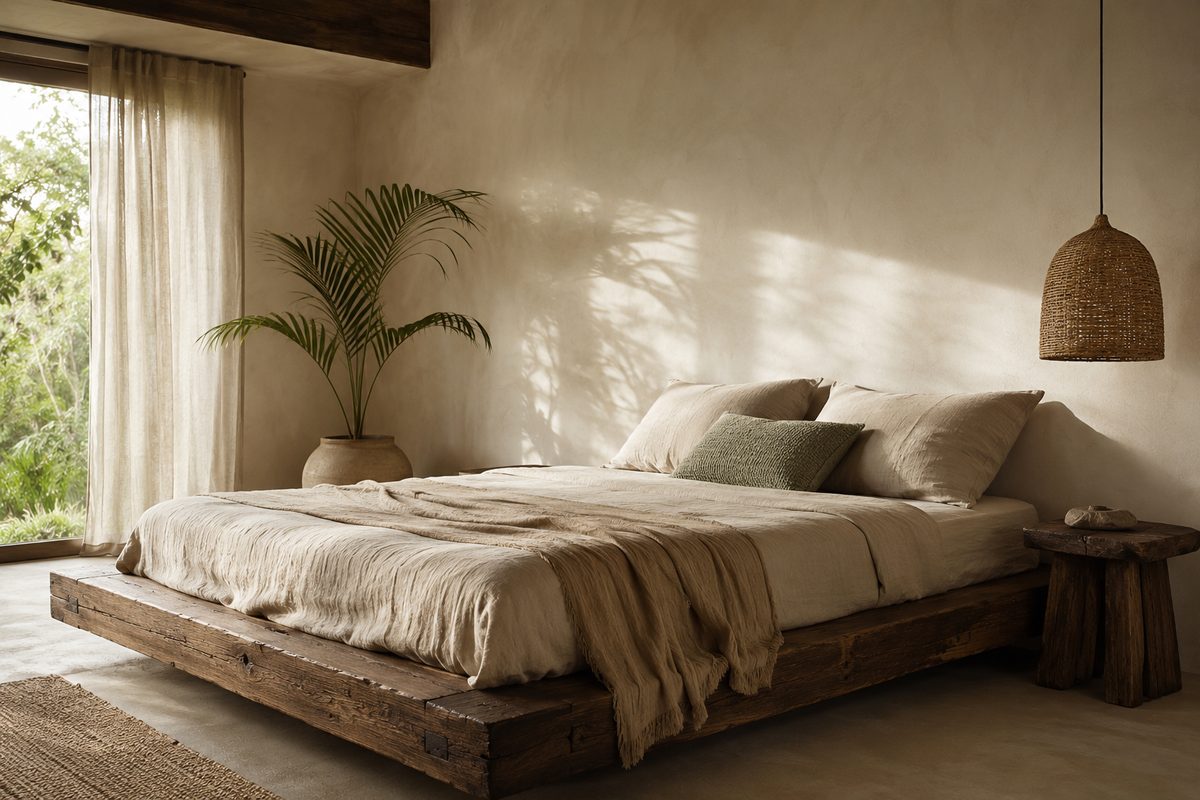Single room wabi-sabi interior — reclaimed-timber platform bed with linen bedding and tropical greenery