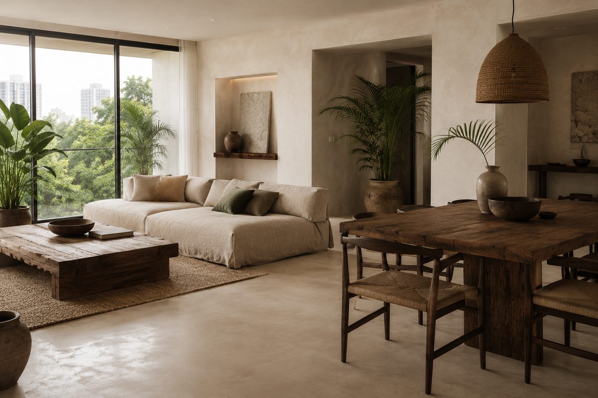 Whole home condo interior — open-plan living and dining in warm earthy wabi-sabi tones