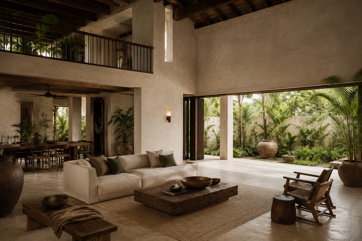 Whole home landed interior — double-height living space opening to a tropical garden