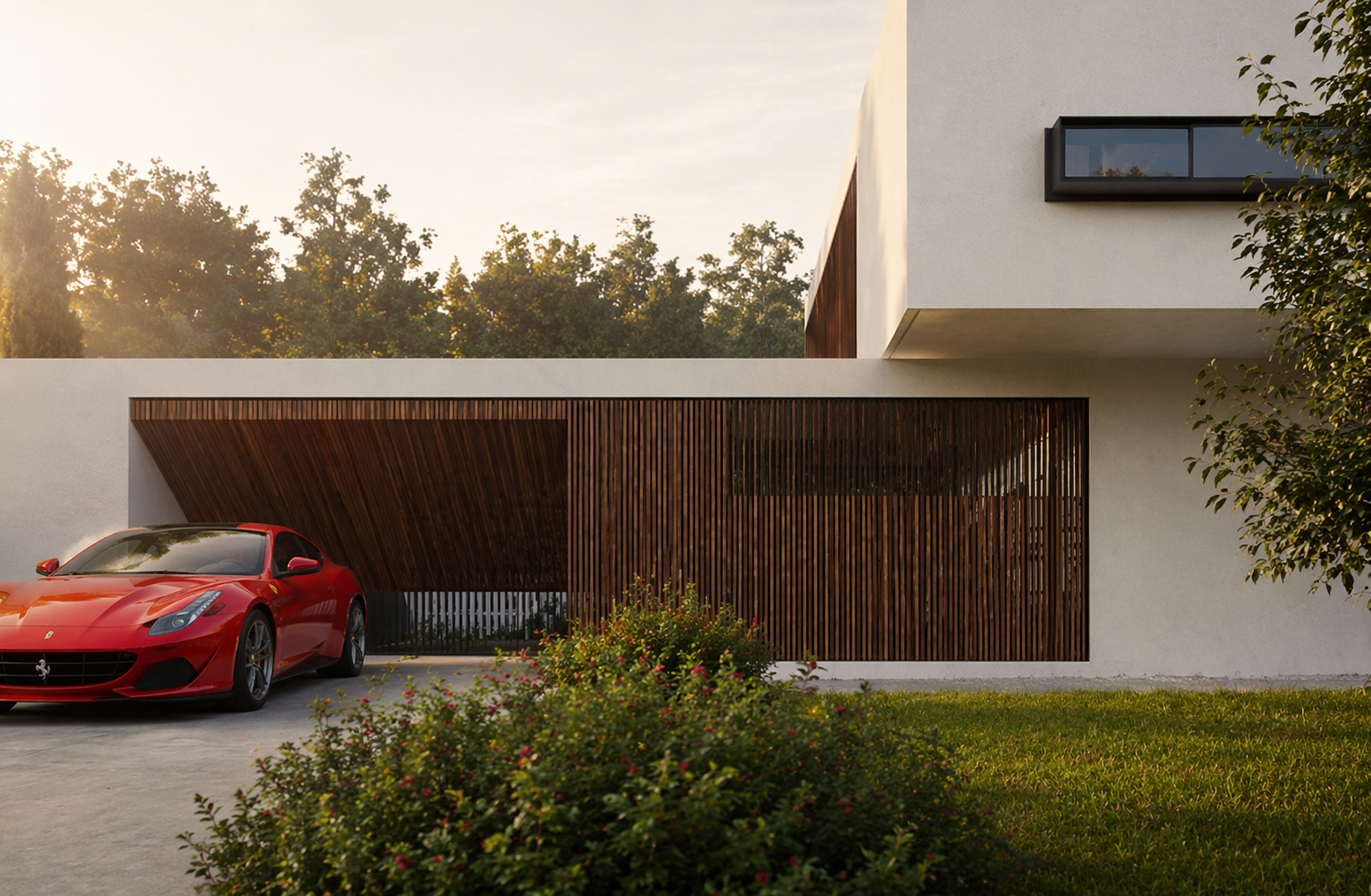 W Vision Lab — minimalist architecture with timber screen and biophilic garden