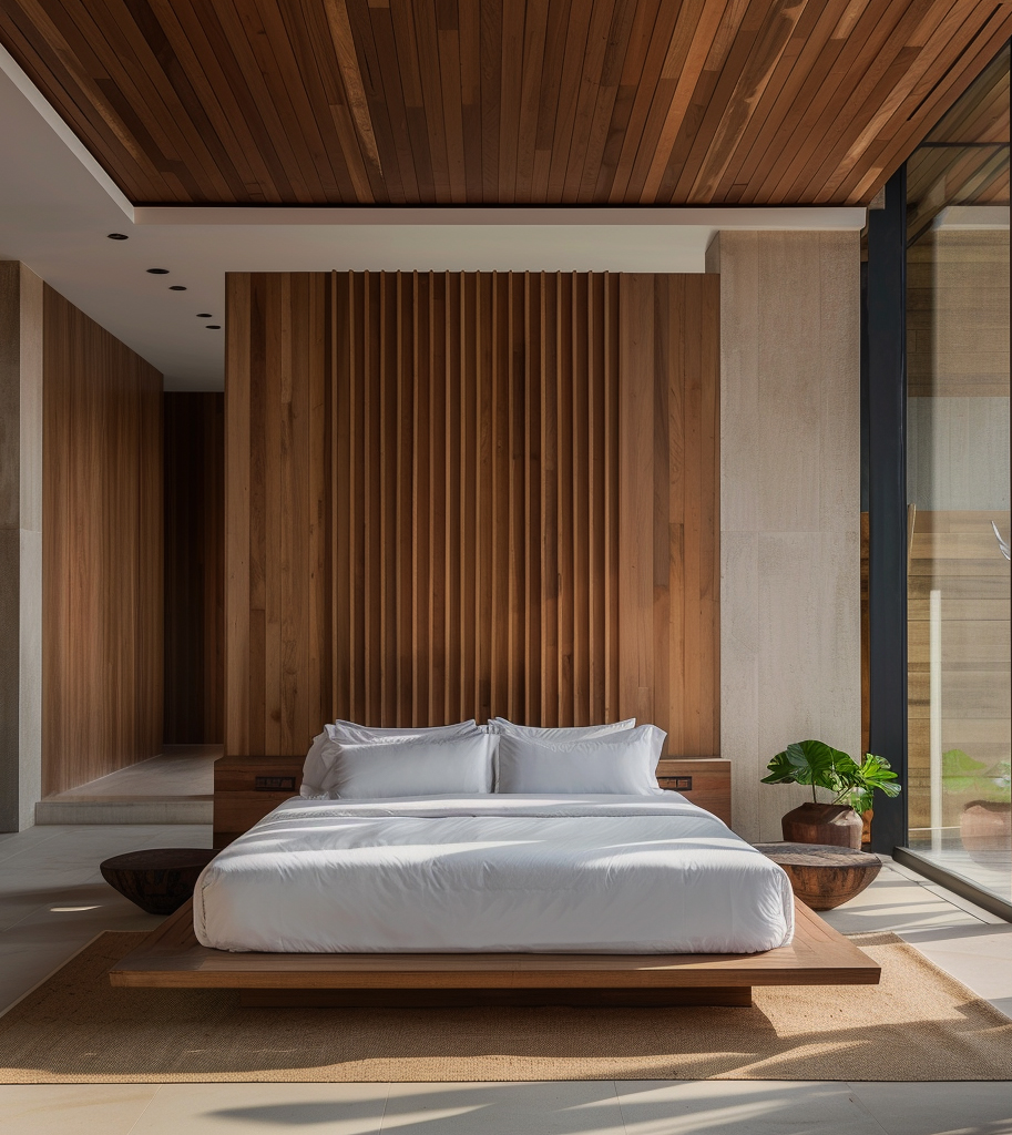 W Vision Lab — zen interior design with timber bed, woven pendant and garden view