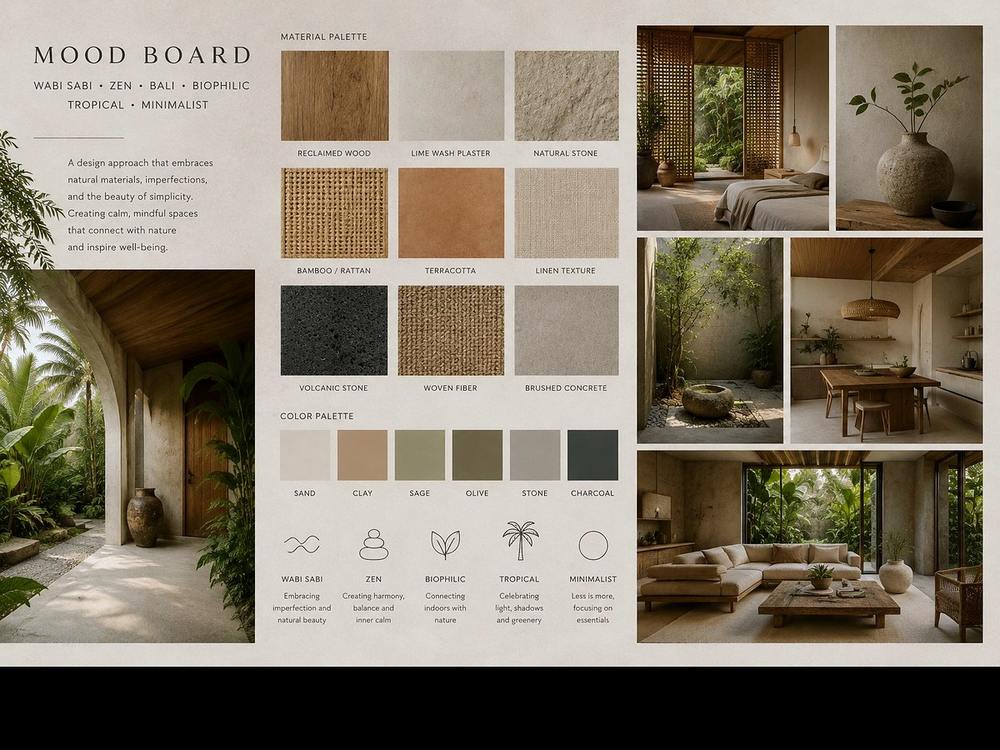 W Vision Lab — design consultancy mood board with material palette, wabi-sabi, zen, biophilic