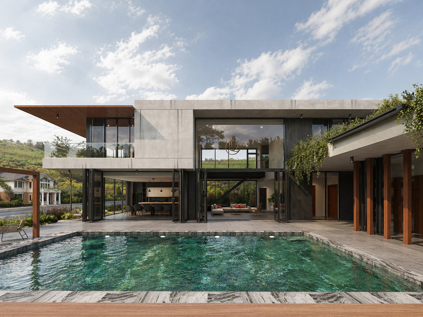 Biophilic pool villa — open plan living with nature, pool and timber