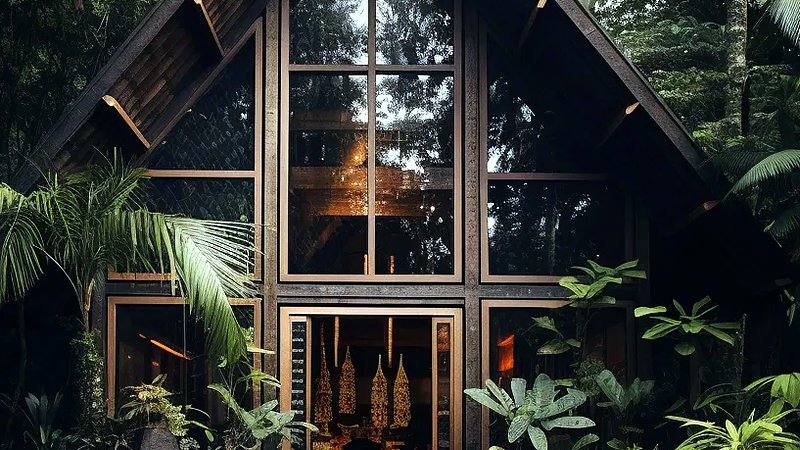Tropical A-frame architecture surrounded by lush jungle — passive cooling design
