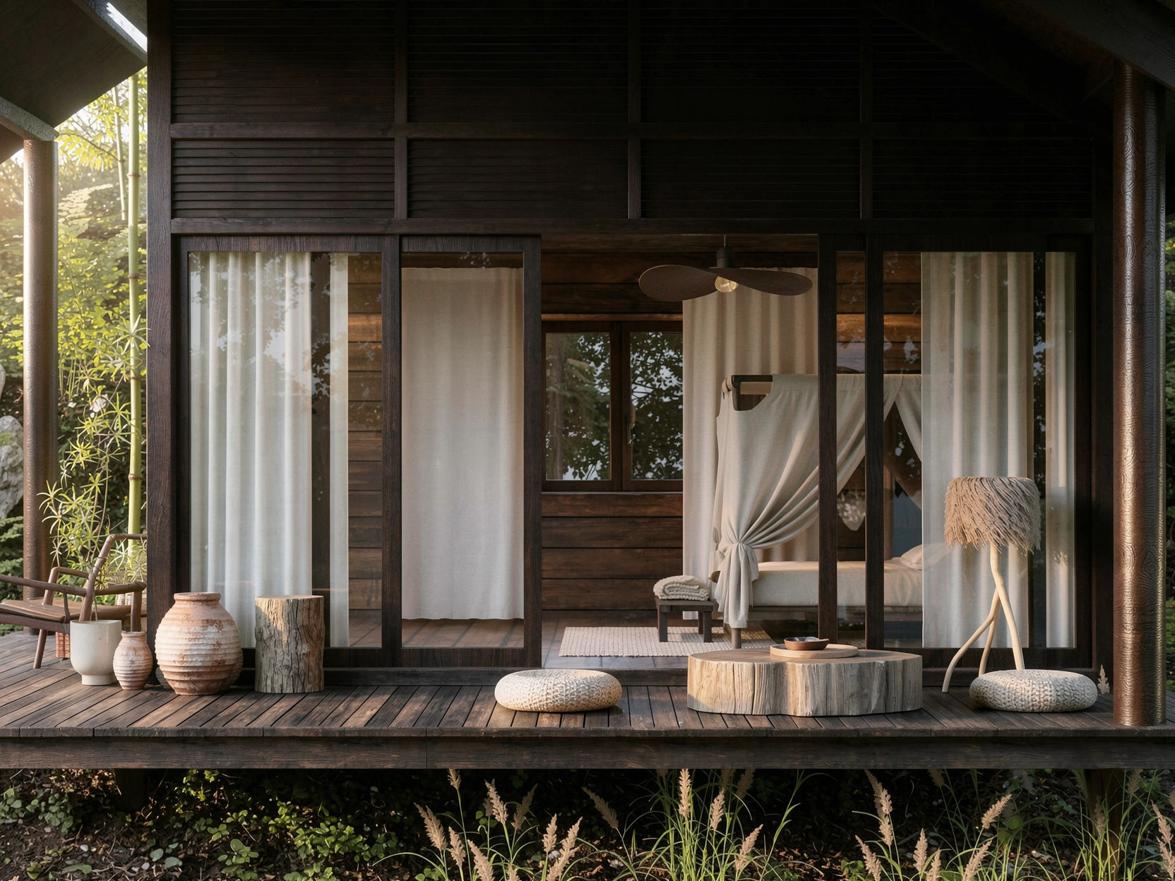 Charred timber homestay deck with sheer linen curtains, canopy bed and bamboo garden — wabi-sabi biophilic cabin by W Vision Lab