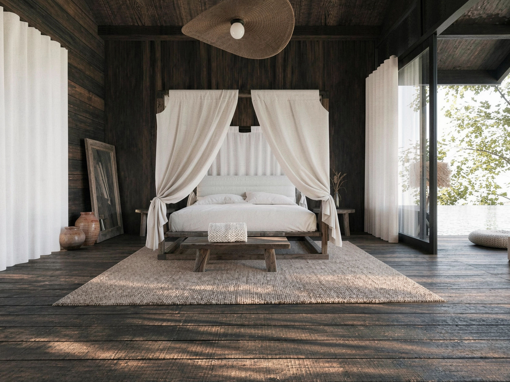 Wabi-sabi homestay bedroom — linen canopy bed, dark recycled timber walls, jute rug and woven rattan pendant by W Vision Lab