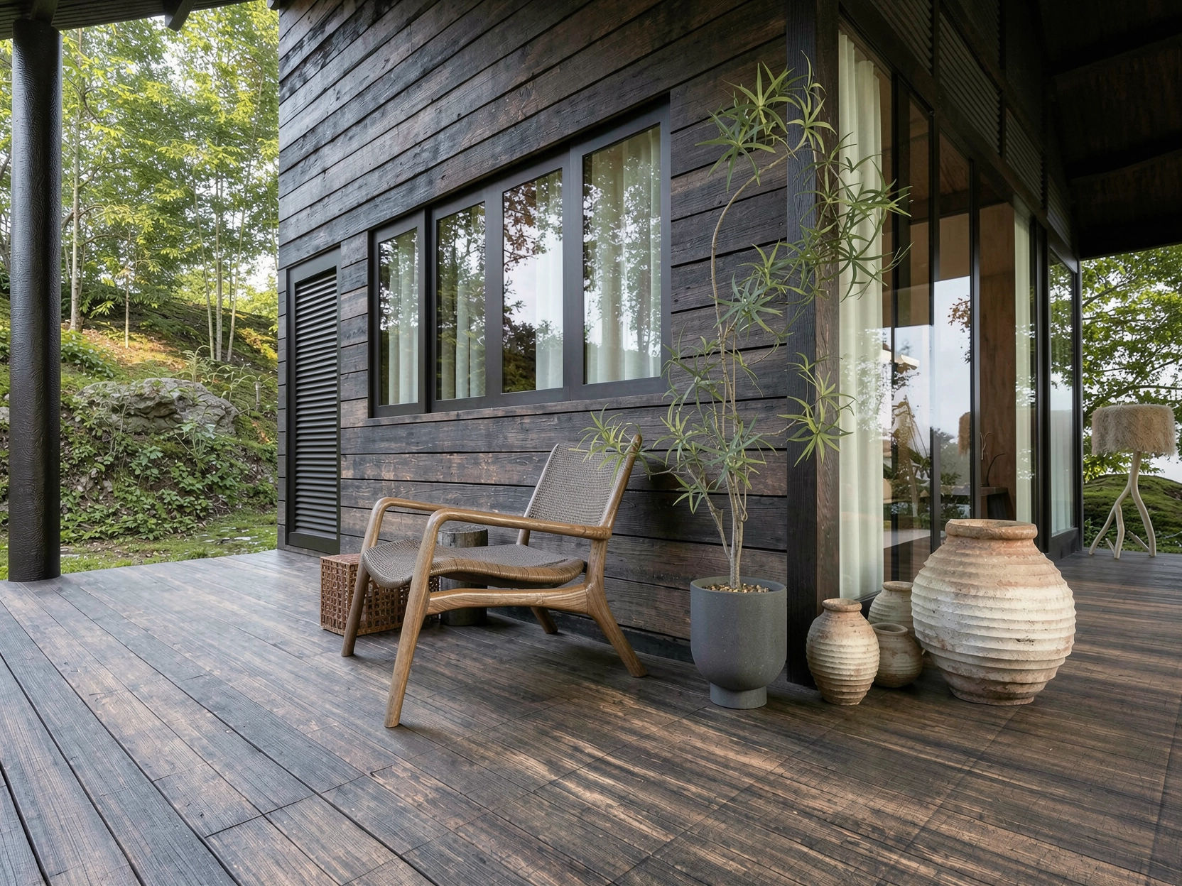 Charred timber facade and reclaimed-wood deck with rattan lounge chair and terracotta pots — biophilic homestay retreat by W Vision Lab