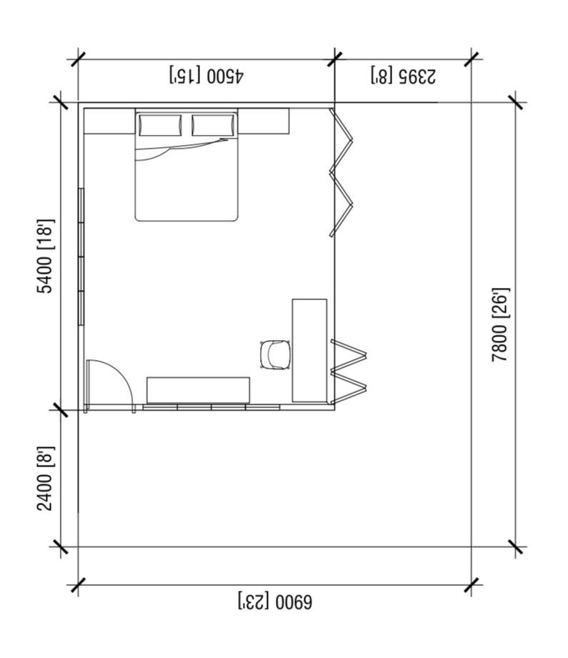 Homestay suite floor plan — 6.9 by 7.8 metre wabi-sabi pavilion layout by W Vision Lab