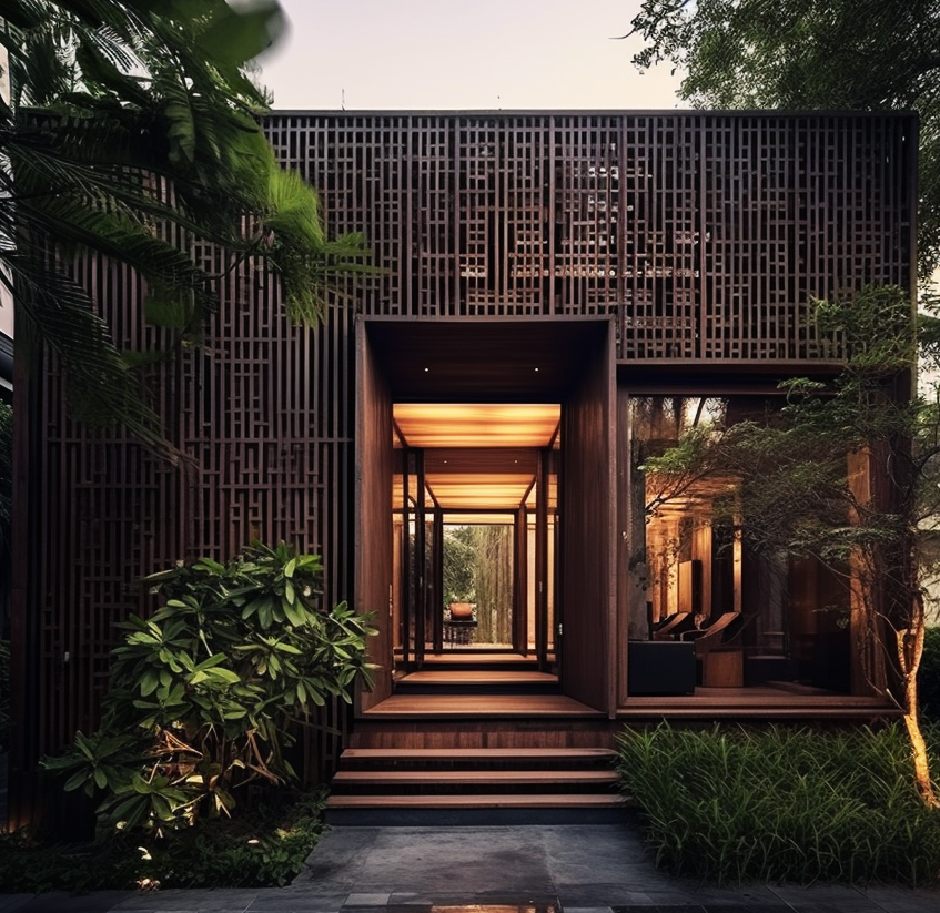 Reclaimed timber entrance — wabi-sabi architecture by W Vision Lab Malaysia