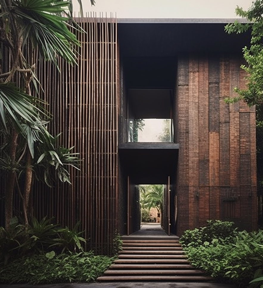 Bamboo slat corridor — sustainable biophilic architecture by W Vision Lab