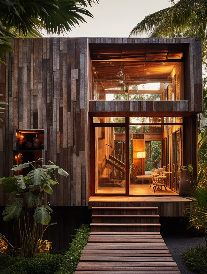 Warm reclaimed timber cube interior — wabi-sabi design by W Vision Lab